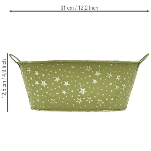 Tigela oval de metal com estrelas e alças, verde, 31×16cm, A12,5cm | Floristik24.pt