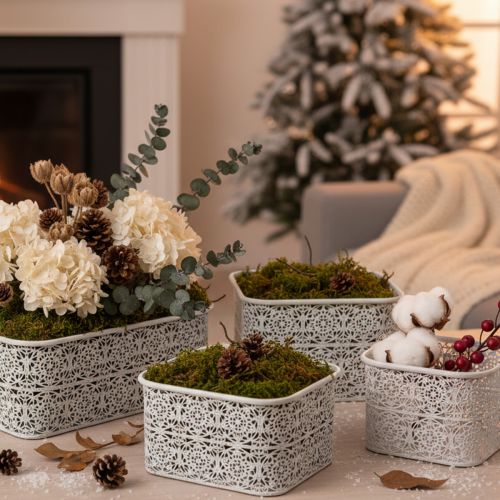 Itens Conjunto de 3 tigelas de metal com padrão de renda, recipientes decorativos quadrados, estilo shabby chic, brancas, 27/23/19 cm, altura 13,5 cm.