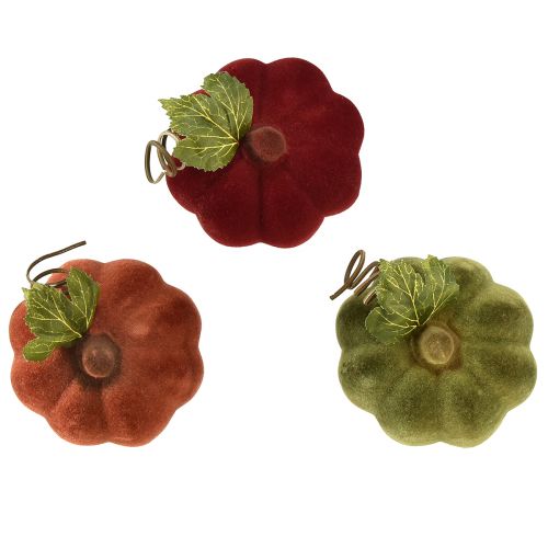 Itens Decoração de mini abóbora flocada – sortidas em cores de outono 9,5cm 3 unid.