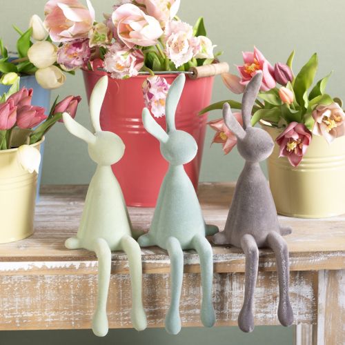 Decoração de coelho da Páscoa Coelho sentado flocado – 2ª escolha – Verde marrom 36cm 3 unidades