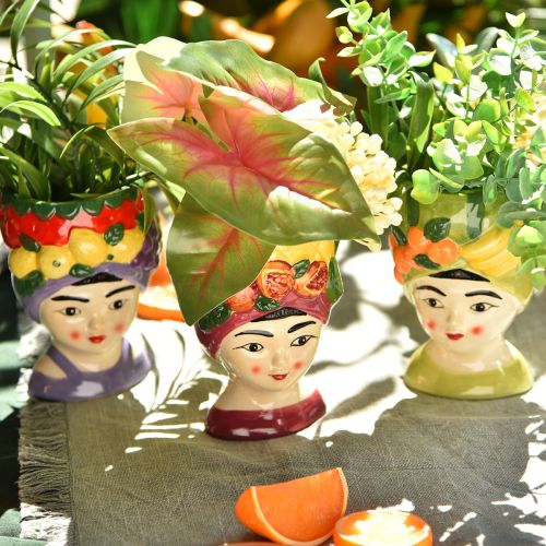 Cabeça de planta menina com frutas cerâmica decorativa 13,5cm 3 peças