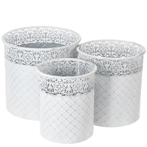 Floristik24 Vaso de plantas com padrão de renda, recipiente de metal, balde decorativo, branco, prateado, estilo shabby chic, A28/25,5/23,5cm, Ø29,5/25,5/20cm, conjunto de 3