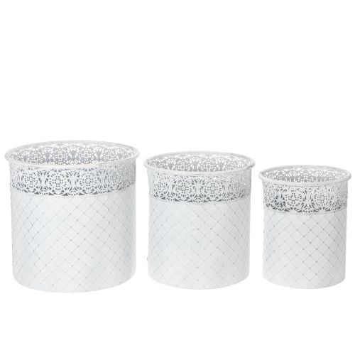 Itens Vaso de plantas com padrão de renda, recipiente de metal, balde decorativo, branco, prateado, estilo shabby chic, A28/25,5/23,5cm, Ø29,5/25,5/20cm, conjunto de 3