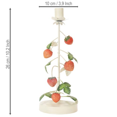 Itens Castiçal metálico para vela cônica com decoração de morango, cor creme, redondo, 26 cm de altura.