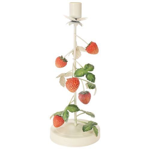 Itens Castiçal metálico para vela cônica com decoração de morango, cor creme, redondo, 26 cm de altura.