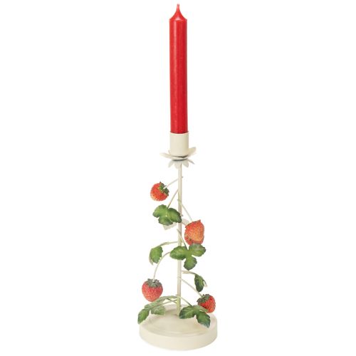 Itens Castiçal metálico para vela cônica com decoração de morango, cor creme, redondo, 26 cm de altura.
