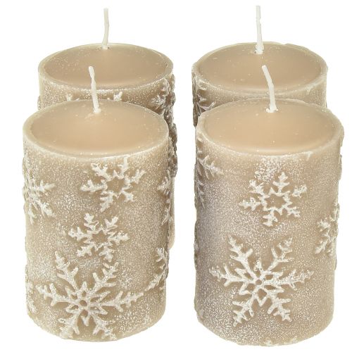 Floristik24 Velas pilar velas bege flocos de neve 100/65mm 4 un