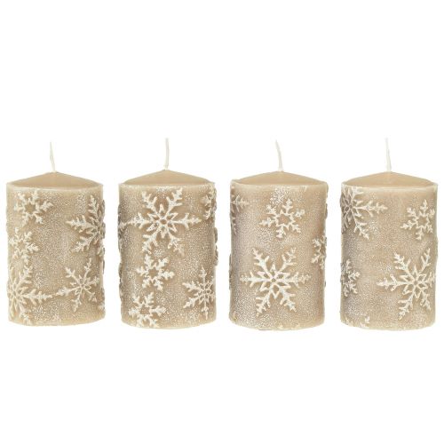 Floristik24 Velas pilar velas bege flocos de neve 100/65mm 4 un