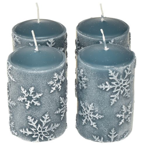 Floristik24 Velas pilar velas azuis flocos de neve 100/65mm 4 un