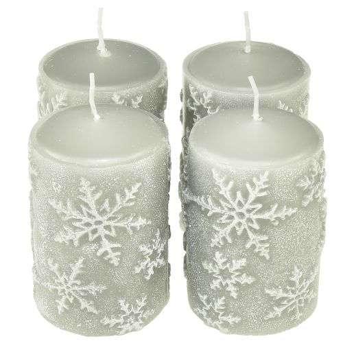 Floristik24 Velas pilar velas cinzentas flocos de neve 100/65mm 4 un