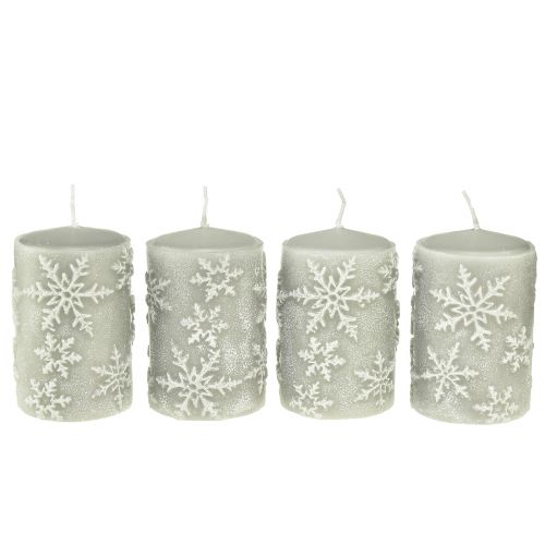 Floristik24 Velas pilar velas cinzentas flocos de neve 100/65mm 4 un