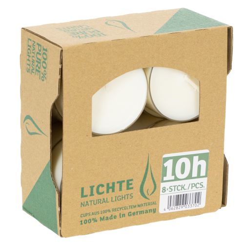 Itens Velas tealight Pure Nature Lights, com duração de 10 horas, feitas com cera de colza, pacote com 8 unidades.