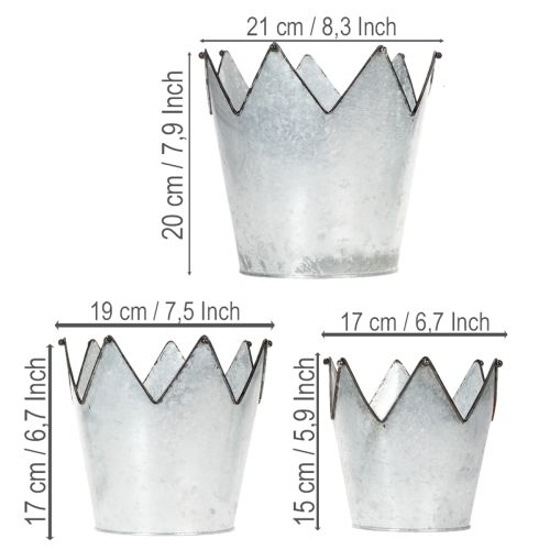 Conjunto de 3 vasos decorativos em metal zinco com coroa, diâmetros de 21,5/19,5/17 cm. | Floristik24.pt