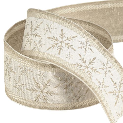 Floristik24 Fita de Natal com flocos de neve - fita de inverno com conteúdo de linho branco bege 40mm 12m