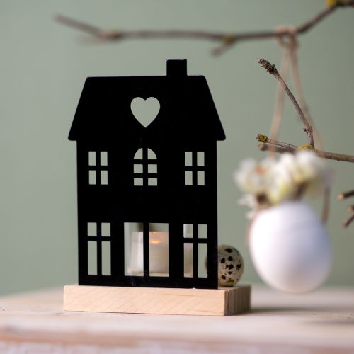 Itens Casa de lanterna de metal preta com base de madeira Alt.15cm 2 unidades