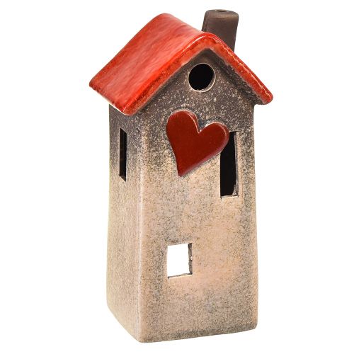 Floristik24 Lanterna de cerâmica para casa com telhado vermelho e janela em forma de coração - 17,5 cm 2 unidades