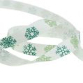 Floristik24 Fita decorativa com flocos de neve branco, verde 15mm 15m