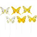 Floristik24 Borboletas decorativas borboleta de penas amarelas em fio 7,5 cm 6 unidades