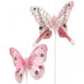 Floristik24 Borboletas decorativas, pena rosa borboleta em fio 7,5 cm 6 unidades