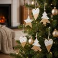 Enfeites de Natal de madeira: estrela, árvore e coração, 6 peças, pingentes decorativos brancos e dourados. | Floristik24.pt