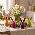 Pequenos coelhinhos da Páscoa sentados, coloridos e aveludados, 13 cm, conjunto de 8 peças. | Floristik24.pt