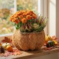 Cesto para plantador em formato de abóbora com revestimento metalizado, decoração de outono, laranja, Ø18cm, A15cm | Floristik24.pt