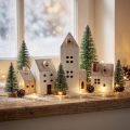 Mini Vila de Natal Decoração de Madeira Branco Natural H13/7cm 6 peças | Floristik24.pt
