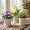 Vaso decorativo, balde de metal para plantio, floreira com alças, estilo shabby chic rosa/verde/amarelo, conjunto de 3 peças, Ø15cm A13cm | Floristik24.pt