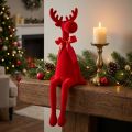 Estatueta decorativa de alce com laço, sentada, revestida de veludo, para decoração de prateleira, 54 cm | Floristik24.pt