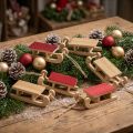 Miniatura de trenó de madeira, vermelho-natural, 4x8,5 cm, conjunto de 6 - decoração de Natal | Floristik24.pt