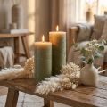 Conjunto de 2 velas grandes em formato de pilar na cor verde-oliva, velas decorativas para mesa e ambiente aconchegante, 85x200mm, longa duração. | Floristik24.pt