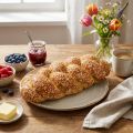 Pão trançado decorativo com sementes de gergelim, réplica de alimento incrivelmente realista para exibição e decoração de vitrines, 30 cm | Floristik24.pt