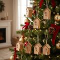 Conjunto de 9 enfeites decorativos para árvore de Natal em madeira marrom-avermelhada, estilo casinha. | Floristik24.pt