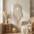 Apanhador de Sonhos em Macramê para Pendurar na Parede, Cor Creme, Estilo Boho, Feito à Mão, 29×72cm, para Sala de Estar e Quarto | Floristik24.pt