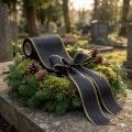 Fita decorativa elegante em moiré para coroas de flores, 175 mm, preta com borda perolada e trama de tafetá, fita decorativa para arranjos florais funerários, fita para laços, 25 m | Floristik24.pt