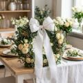 Fita elegante em moiré para guirlanda, 200 mm branca com borda em pérola dourada e acabamento especial, 25 m - Perfeita para decorações e celebrações. | Floristik24.pt