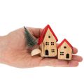 Conjunto de casinhas decorativas de madeira com telhados vermelhos e pinheiros, 12 cm, 6 peças | Floristik24.pt
