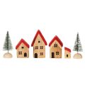 Conjunto de casinhas decorativas de madeira com telhados vermelhos e pinheiros, 12 cm, 6 peças | Floristik24.pt