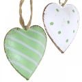 Floristik24 Corações de metal para pendurar, Dia dos Namorados, decoração de primavera, pingente de coração verde, branco H3.5cm 10pcs