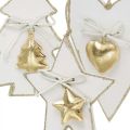 Floristik24 Pingente de Natal com coração / abeto / estrela, decoração em madeira, decoração em árvore com sinos brancos, dourados H14.5 / 14 / 15.5cm 3pcs