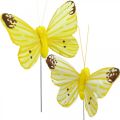 Floristik24 Borboletas decorativas, tampões de flores, borboletas de primavera em fio amarelo, laranja 4×6,5cm 12pcs