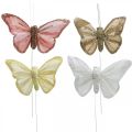 Floristik24 Borboletas com mica, decoração de casamento, plugues decorativos, borboleta de penas amarela, bege, rosa, branca 9,5×12,5cm 12pcs