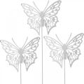 Floristik24 Flor plug borboleta, metal de decoração de jardim, plug de planta shabby chic branco, prata L51cm 3pcs