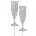 Floristik24 Decoração de Réveillon taça de champanhe bujão flor prata 9cm 18uds