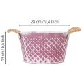 Tigela de zinco em formato de diamante com alças de corda, acabamento lavado em violeta/branco, Ø24,5cm A14cm | Floristik24.pt