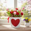 Vaso de flores branco com coração vermelho, floreira, Ø13cm A10,5cm | Floristik24.pt